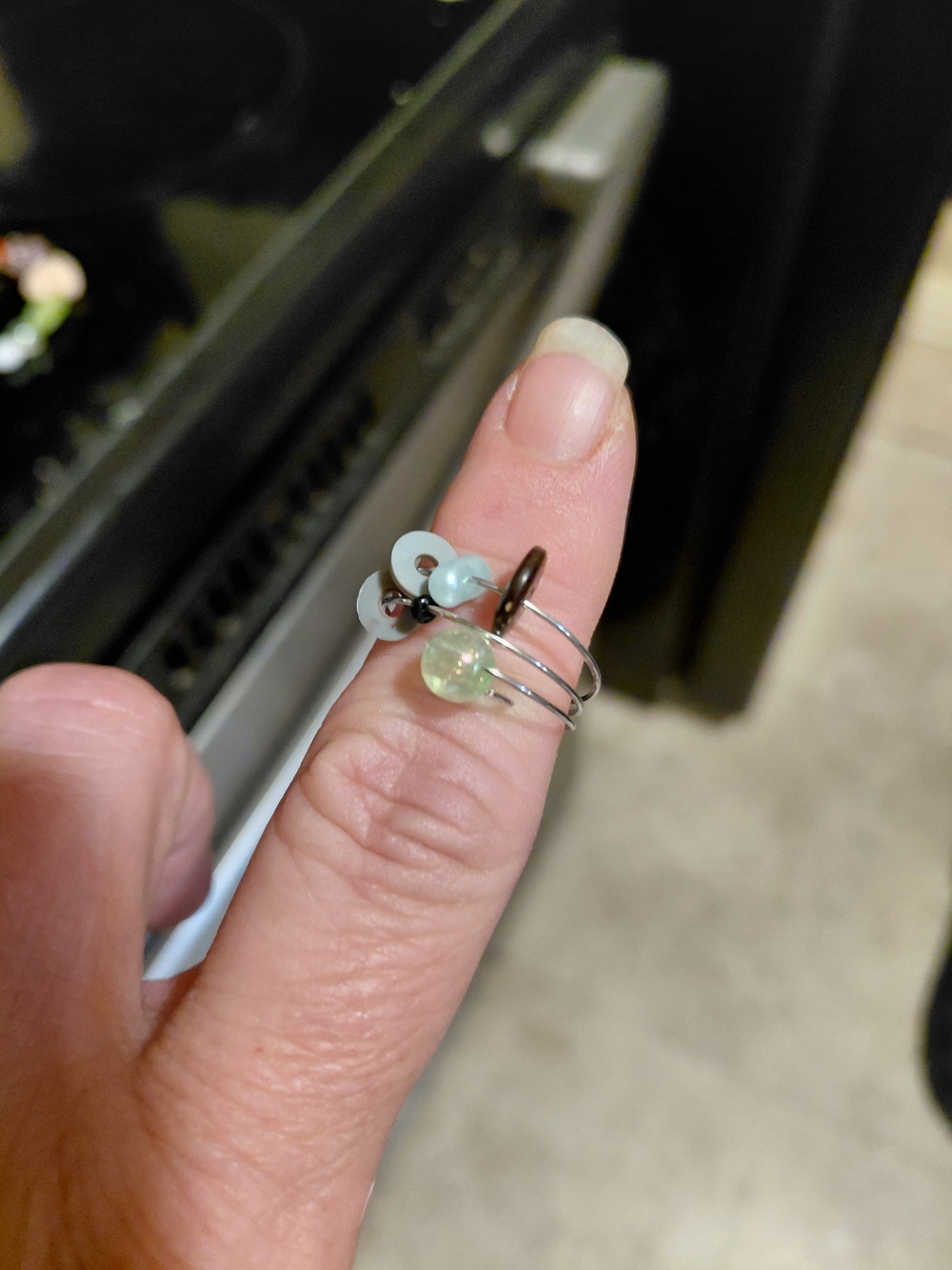 Adjustable Triple-Wire Ring with Mint Green Bead and Pearl Accents